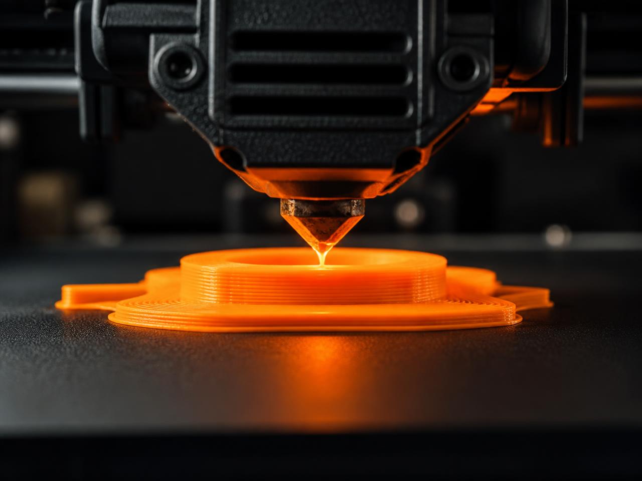3D printer nozzle extruding glowing orange filament