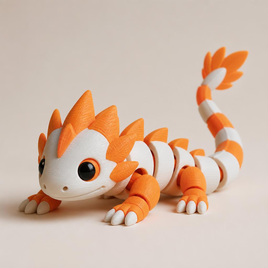 Articulated 3D printed toy creature in orange and white