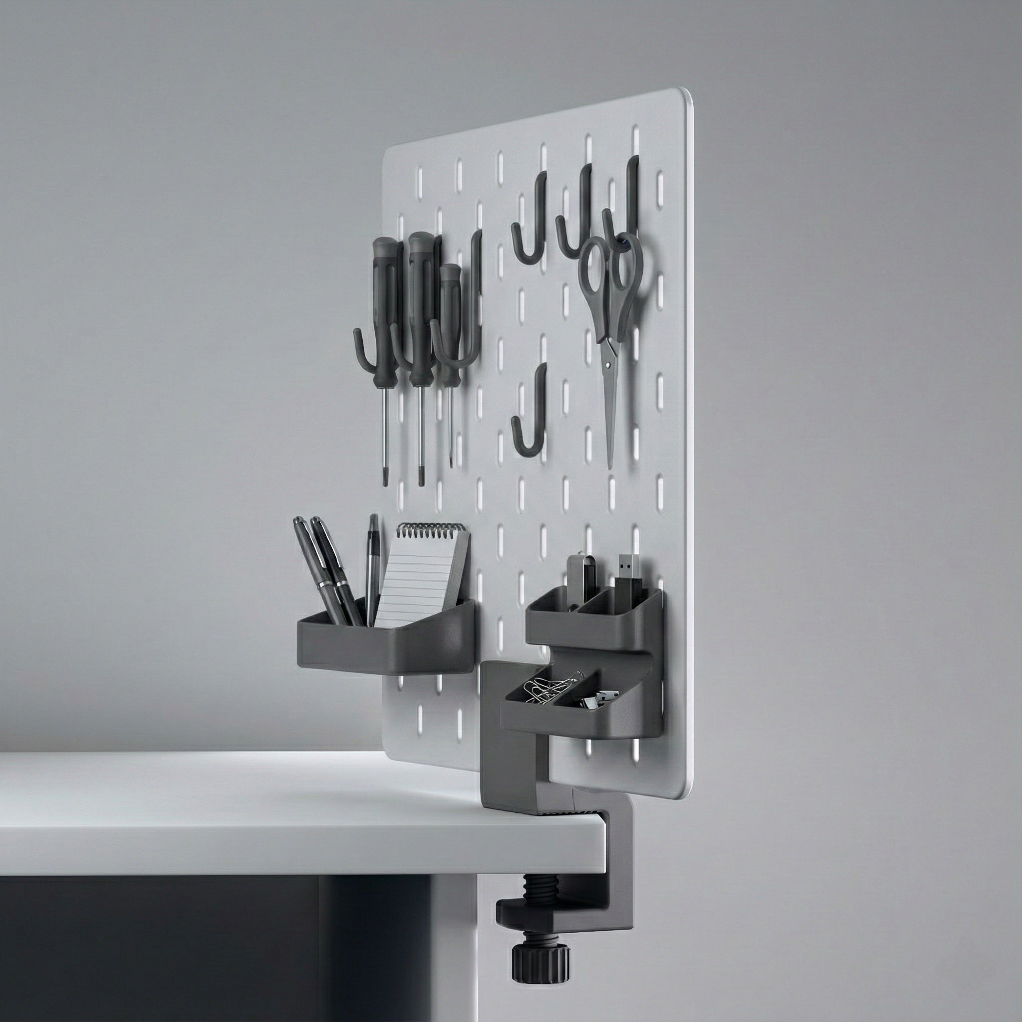 Skadis Pegboard Desk Mount Workspace Organizer, 3D printed premium Pegboard Panel with Adjustable Clamp Decstuff