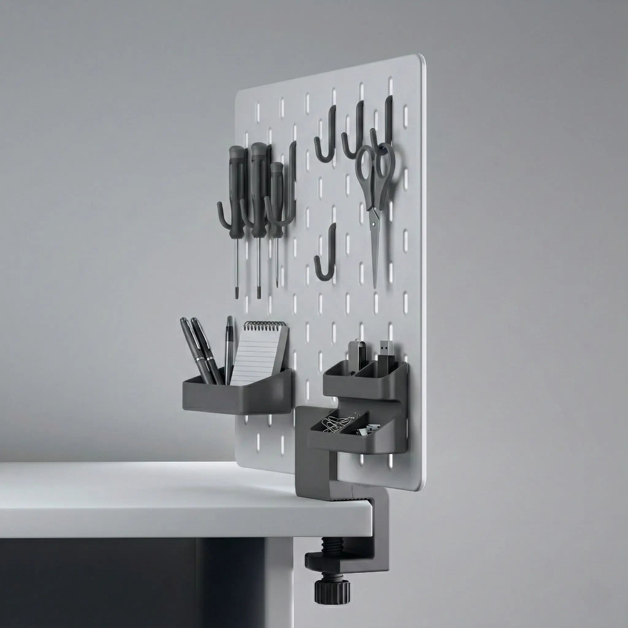 Skadis Pegboard Desk Mount Workspace Organizer, 3D printed premium Pegboard Panel with Adjustable Clamp Decstuff