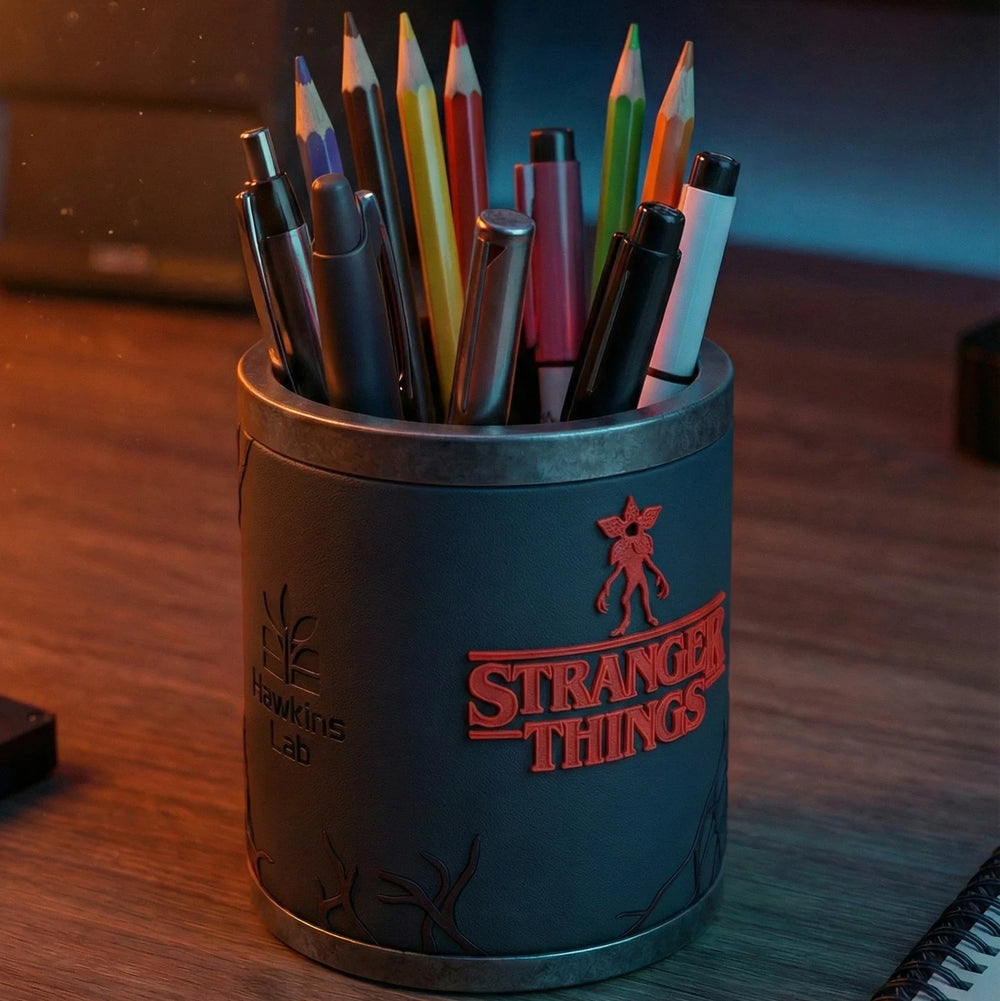 Stranger Things themed desk organizer with pens and colored pencils on a wooden workspace