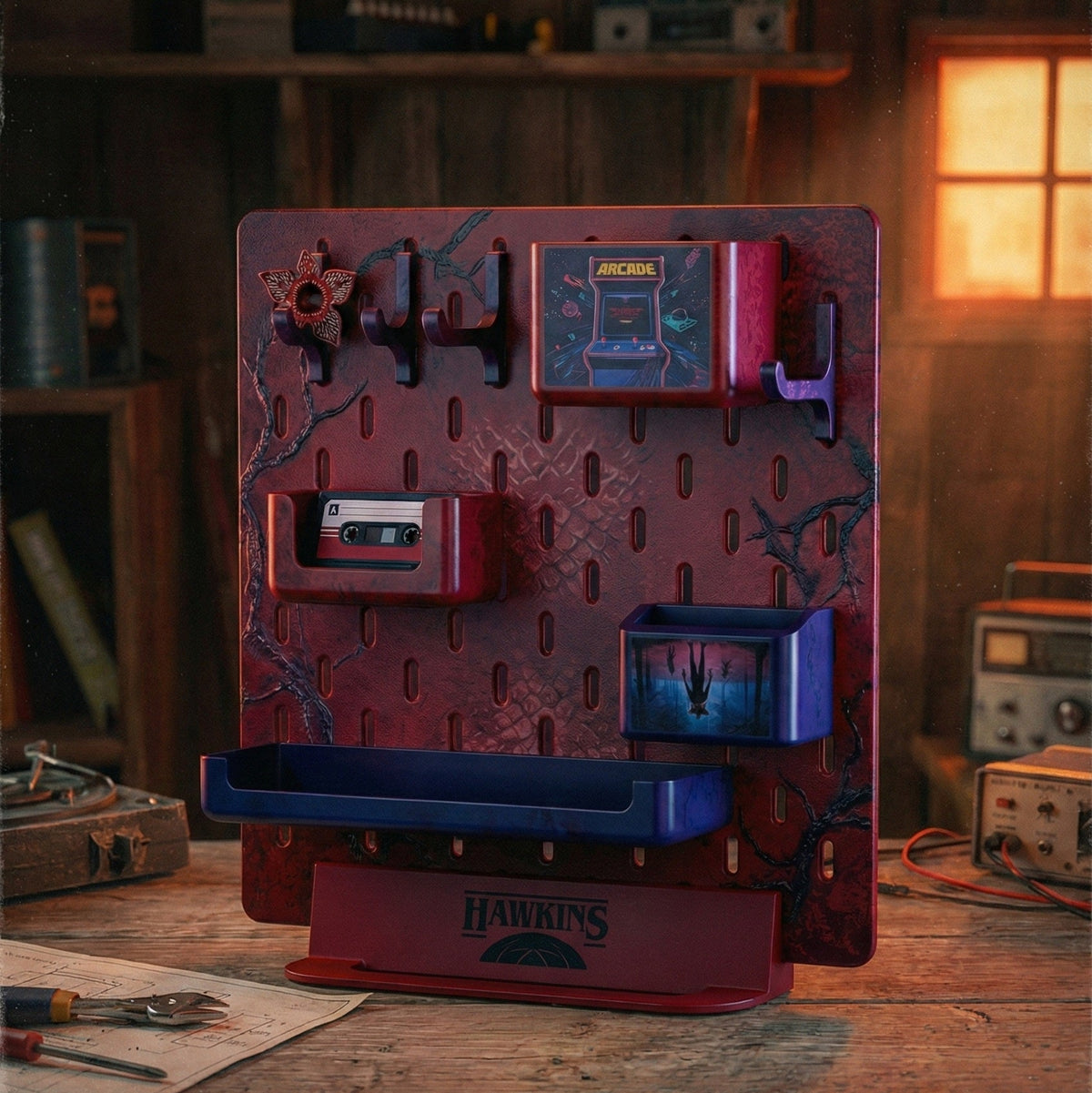 Decorative pegboard with tools and 'DECSTUFF' branding in a workshop setting.