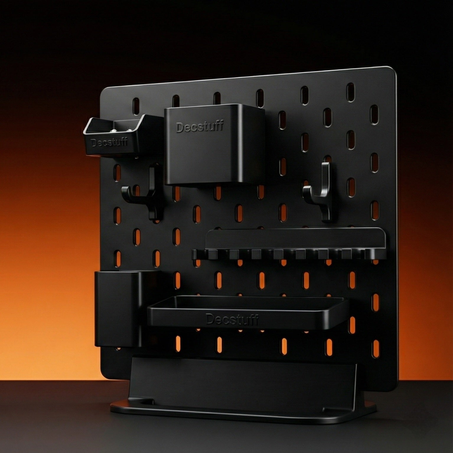 Decstuff modular black pegboard organizer with hooks and trays for workspace storage