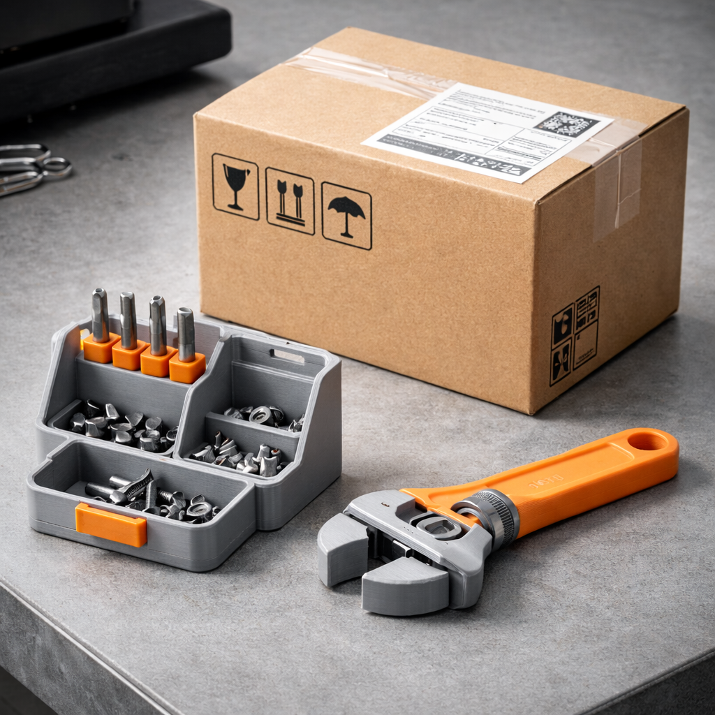 Tool set with adjustable wrench, screwdriver bits, and nuts on a gray surface with a cardboard box in the background.