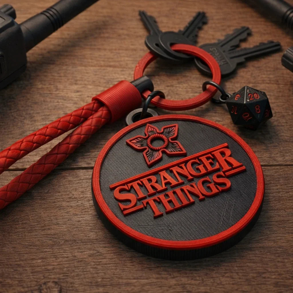 Stranger Things keychain with braided red strap and d20 dice on wooden desk
