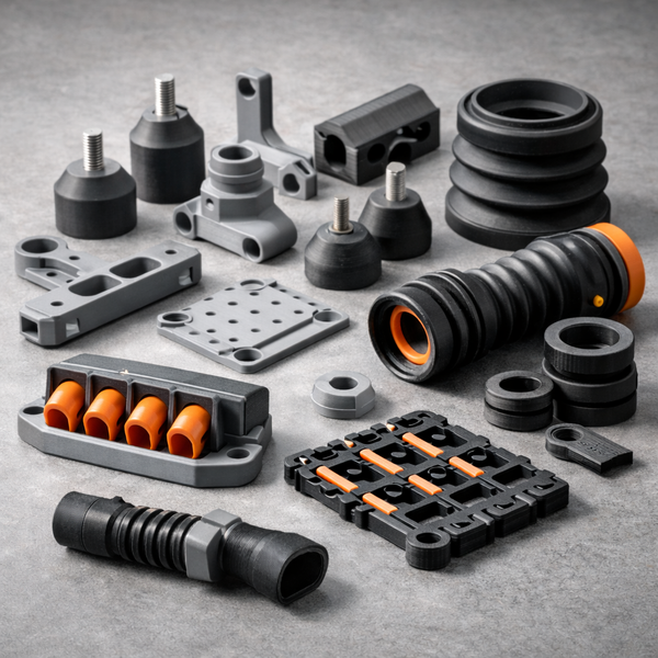 Assorted mechanical parts on a gray surface