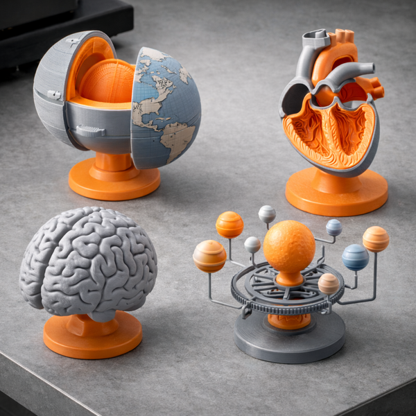 Educational models of a brain, heart, and solar system on a gray surface