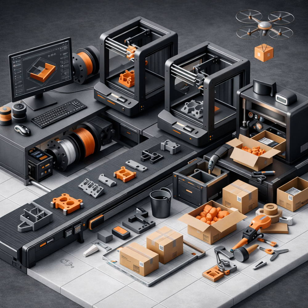 3D printing setup with printers, materials, and tools on a dark surface.